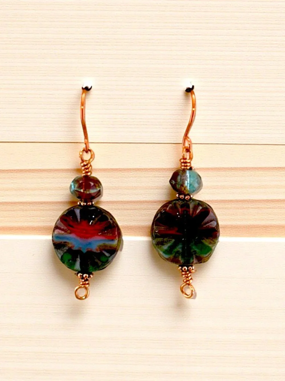 Boho Forest Sunrise Earrings Green Red Czech Glass Copper Dangle Beaded Artisan